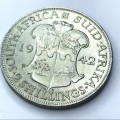 1942 SAU Silver Two Shilling - with cracked die through neck