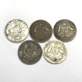 Lot of 5 Australia 3 pence coins - 1911, 1918, 1922, 1927 and 1935
