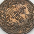 1908 German East Africa copper 5 Heller - cracked die mark through 0 of 1908