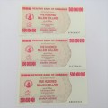 Banknotes Zimbabwe $500 000 000 bearer cheque 2 May 2008 lot of 3 - AA, AB, AC series
