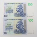 Zimbabwe one hundred dollars Harare 2007 - 2 Uncirculated notes AA and AB series - ZW 104