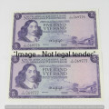 TW de Jongh 3rd Issue R5 bank notes 2 consecutive numbers - uncirculated