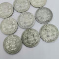 Lot of 9 South Africa 2 Shilling coins George 6 - 1937 to 1945 some VF - Excellent starter lot