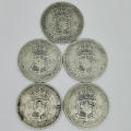 Lot of 5 Union of South Africa Two and a Half Shillings - Half Crown  1923,1924,1925,1927,1928