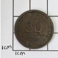 1945 Fifty Centavos AU - Cracked die mark through 4 of 1945