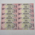 Lot of 10 x 50 Rupee banknotes with consecutive numbers 1CG 000001 to 1CG 000010 - uncirculated