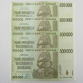Zimbabwe Uncirculated Consecutive  numbered set of 4 x $500 000 banknotes