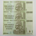 Zimbabwe Uncirculated set of 3 banknotes with consecutive numbers - $500 000 Harare 2008