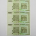 Zimbabwe Uncirculated set of 3 banknotes with consecutive numbers - $500 000 Harare 2008