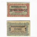 Lot of 2 German Ostbank WW1 antique banknotes 1 Rubel & 50 Kopeken
