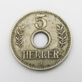 German East Africa 5 Heller 1913 J VF+