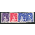 Mauritius - 1937 - Coronation - Set of 3 mint unhinged . SG 249-251 .