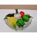 Crystal Dish With 7 Murano Style Glass Fruit and Vegetables (Plus 5 free) (READ DESCRIPTION)