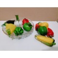Crystal Dish With 7 Murano Style Glass Fruit and Vegetables (Plus 5 free) (READ DESCRIPTION)