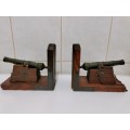 Set of 2 Vintage Cast Iron and Wood Canon Bookends