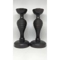 Pair Of Lovely Vintage Solid Turned Wood Dinner Candle Holders - 14cm