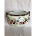 VINTAGE MILKGLASS BOWL DECORATED WITH FLOWERS & WITH SILVERPLATE RIM