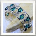 ***DON'T MISS THIS BEAUTY***  TEAL/GREEN QUARTZ GEMSTONE .925 SILVER ADJUSTABLE CUFF BANGLE
