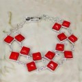 Lovely Double Row Handmade Red Coral Gemstone .925 Sterling Silver Bracelet
