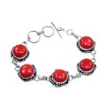 Handmade Antique Style Red Coral Gemstone .925 Sterling Silver Bracelet