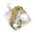 Two Tone Natural White Pearl  Solid .925  Sterling Silver Pendant
