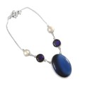 Superb Sapphire Blue Quartz, Pearl Gemstone 925 Silver Necklace