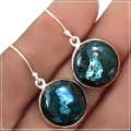 Night Sky Natural Larvikite -Black Moonstone Cabochon Gemstone Solid .925 Silver Earrings