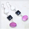 Handmade Pink Cats Eye Black Onyx, Mother of Pearl Gemstone 925 Silver Earrings