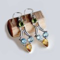 Exquisite Natural Blue Topaz Peridot Citrine Solid . 925 Sterling Silver Earrings