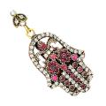Hamsa (Hand of God) Two Tone Turkish Ruby and White Topaz .925 Solid S/ Silver Pendant