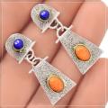 New Arrival - Two Tone Natural Italian Coral, Lapis Lazuli Solid .925 Sterling Silver Earrings