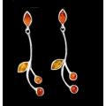 Modern Leaf Like Design Genuine Baltic Amber in Solid .925 Sterling Silver Earrings