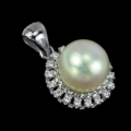 Deluxe Natural White Pearl, White CZ  Solid .925  Sterling Silver Pendant & Free Chain