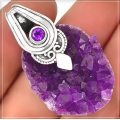 Rare Beauty Natural Purple Amethyst Druzy Gemstone in Solid 925 Sterling Silver Pendant