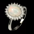 Natural Full Flash Ethiopian Fire Opal White CZ  Solid .925 Sterling Ring Size 8 or Q
