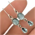 Natural Aquamarine, Rainbow Moonstone Gemstone Solid .925 Sterling Silver Earrings