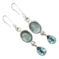 Natural Aquamarine, Rainbow Moonstone Gemstone Solid .925 Sterling Silver Earrings