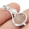 Dreamy Natural Rose Quartz, and White Pearl  in Solid .925 Sterling Silver Pendant