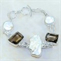 Gorgeous Smoky Topaz and Biwa Pearl Gemstone .925 Silver Bracelet