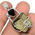 Natural Peruvian Pyrite Cluster, Black Tourmaline Rough Solid .925 Sterling Silver Pendant