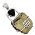 Natural Peruvian Pyrite Cluster, Black Tourmaline Rough Solid .925 Sterling Silver Pendant