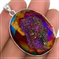 Natural Titanium Aura Druzy in Solid 925 Sterling Silver Pendant