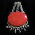 Genuine Victorian Marcasite Natural Red Coral Solid .925 Sterling Silver Pendant