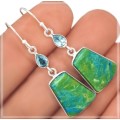 Extremely Rare Genuine Peruvian Blue Opal, Blue Topaz Set in Solid .925 Sterling Silver Earrings