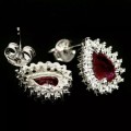 5 X 7 mm Natural Top Blood Red Ruby, White Zirconia Solid .925 Sterling Silver Earrings