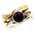 Two Tone Natural Black Onyx  Solid .925 Sterling Silver Ring Size 6.5 or N