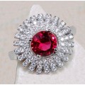 1 Cts Ruby, White Topaz .925 Solid Silver Ring Size 8 or Q