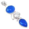 10.16 cts Elegant Natural Blue Chalcedony, White Pearl Solid .925 Silver Pendant