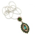 Two Tone Turkish Emerald and White Cubic Zirconia  .925 Sterling Silver Pendant + Chain