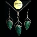 Natural Indian Emerald Quartz Gemstone 925 Silver Pendant and Earrings